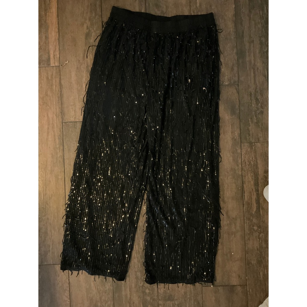 Sequin Fringe Pants Women 3X Black Western Wide Leg Festival Party Rodeo Concert